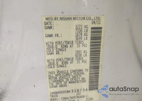 2011 Nissan Titan Sv z USA, uszkodzony, nr VIN 1N6BA0ED5BN318734